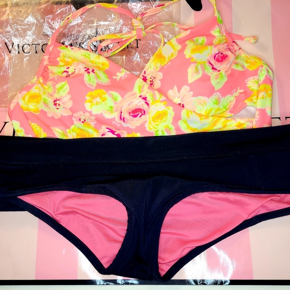 PINK VS MEDIUM NEW MEDIUM Removable Cups 2 Piece Flowerd Black SWIM SUIT - Picture 8 of 11